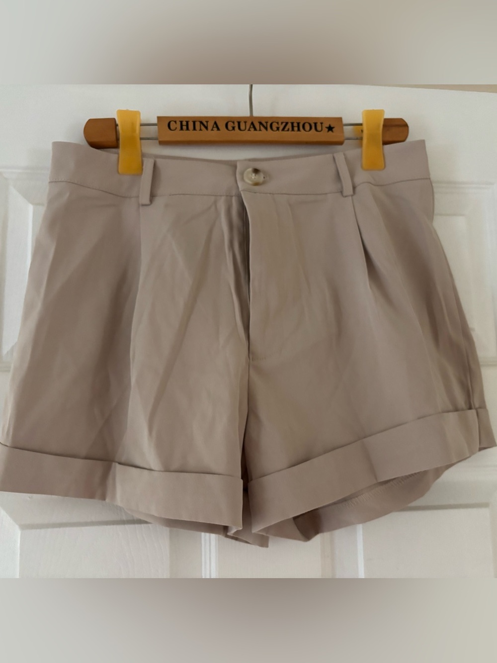 SHEIN Light Beige High-Rise Pleated Cuffed Shorts